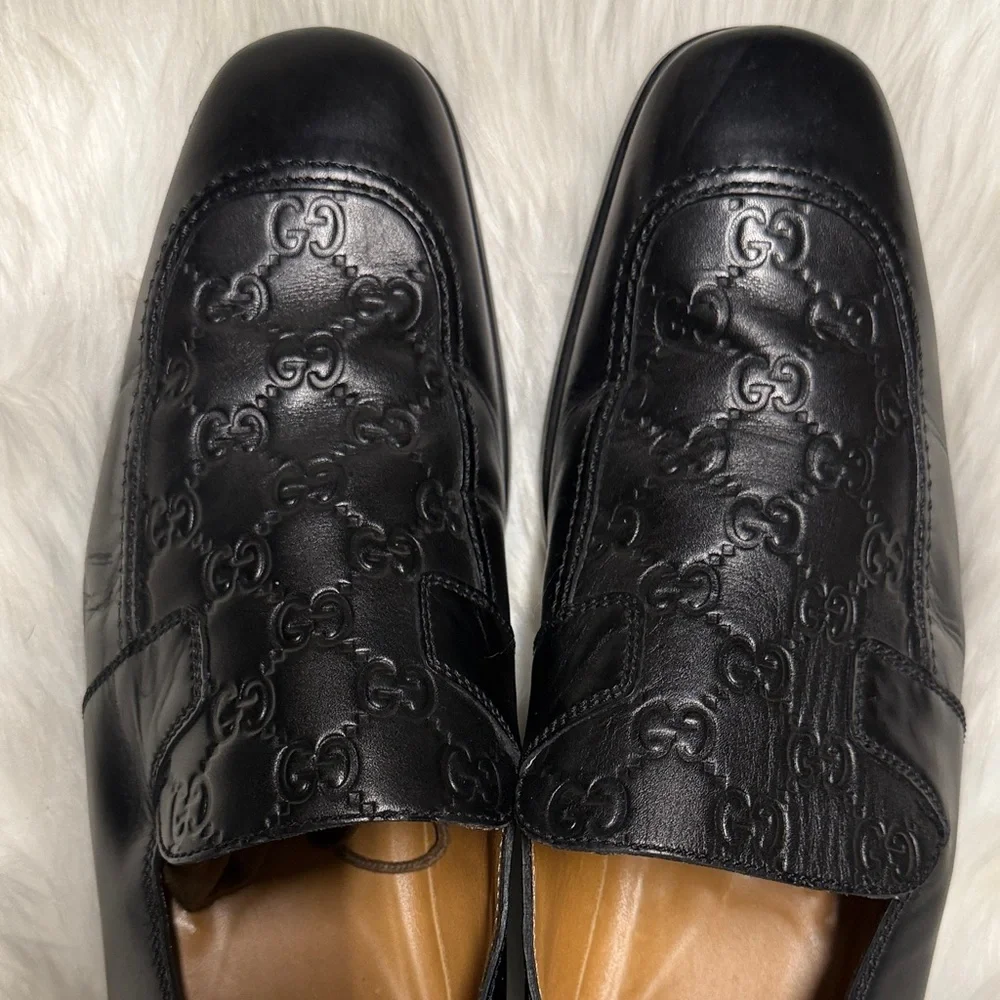 Gucci GG Embossed Black Leather Men's Slip-Ons 9
